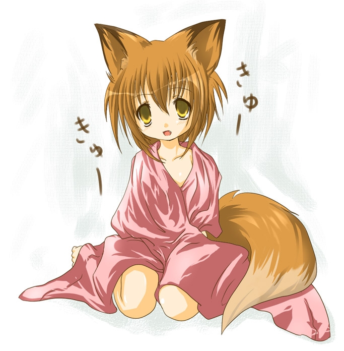 animal ears, barefoot, brown hair, fang, flat chest, fox ears, loli, short hair, tail, yellow eyes