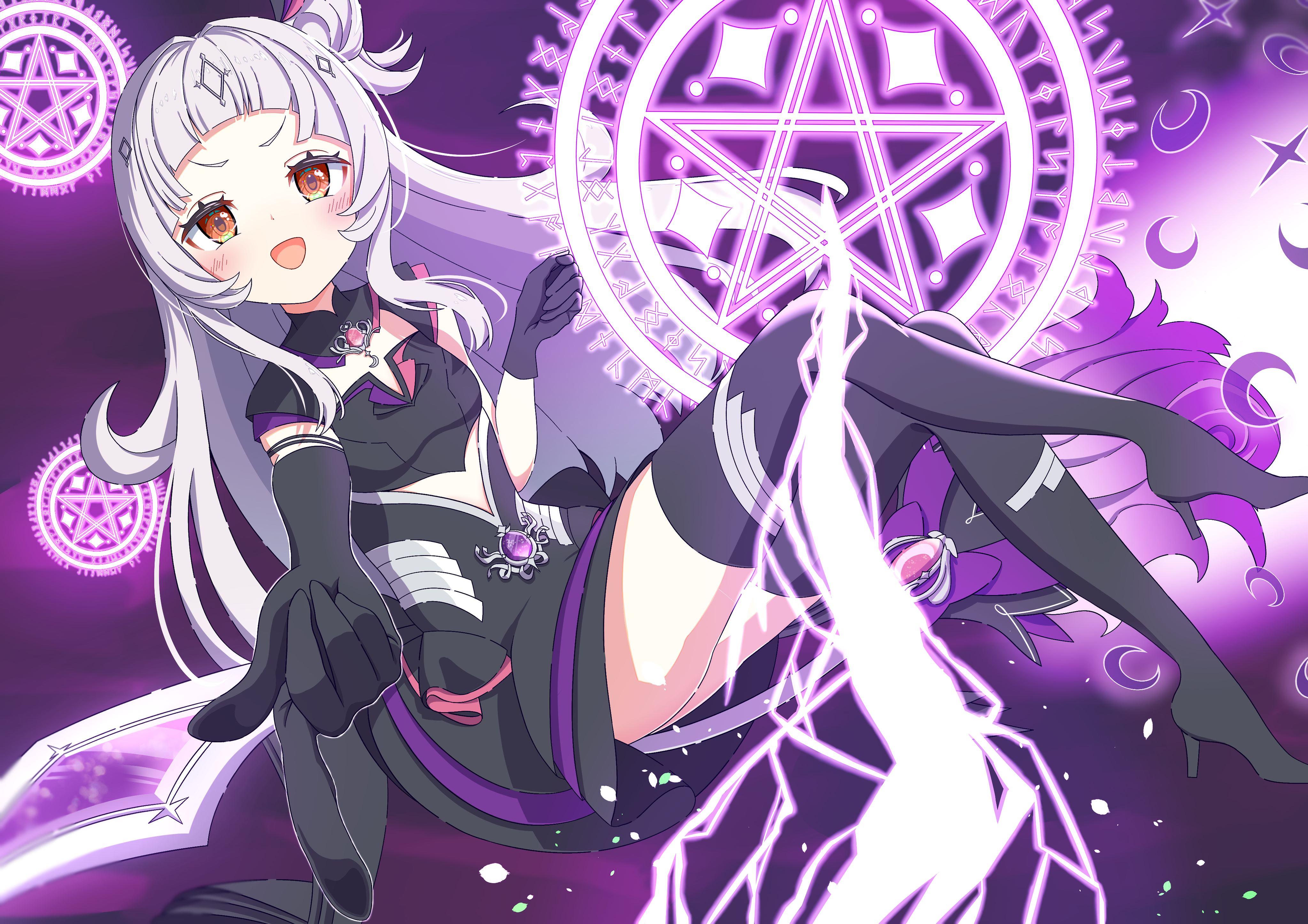 eureka illust, murasaki shion, hololive, mahou shoujo holowitch!, absurdres, highres, 1girl, black gloves, black thighhighs, blush, gem, gloves, hime cut, long hair, magic circle, magical girl, orange eyes, purple gemstone, smile, thighhighs, thunder, virtual youtuber, white hair