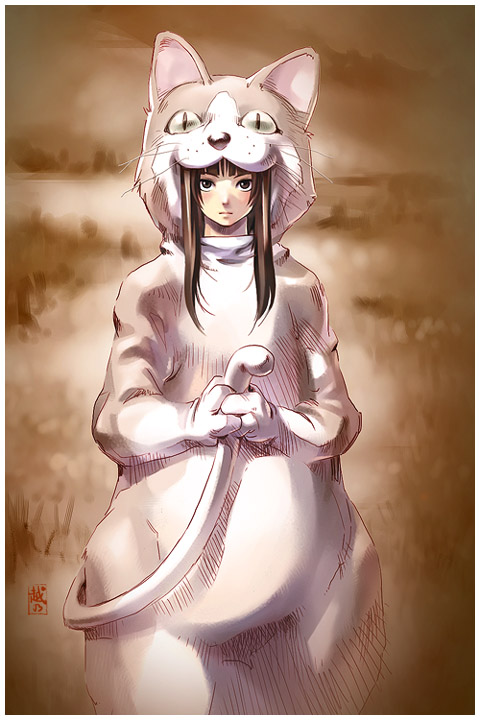 animal ears, blush, brown eyes, brown hair, cat ears, long hair, whiskers