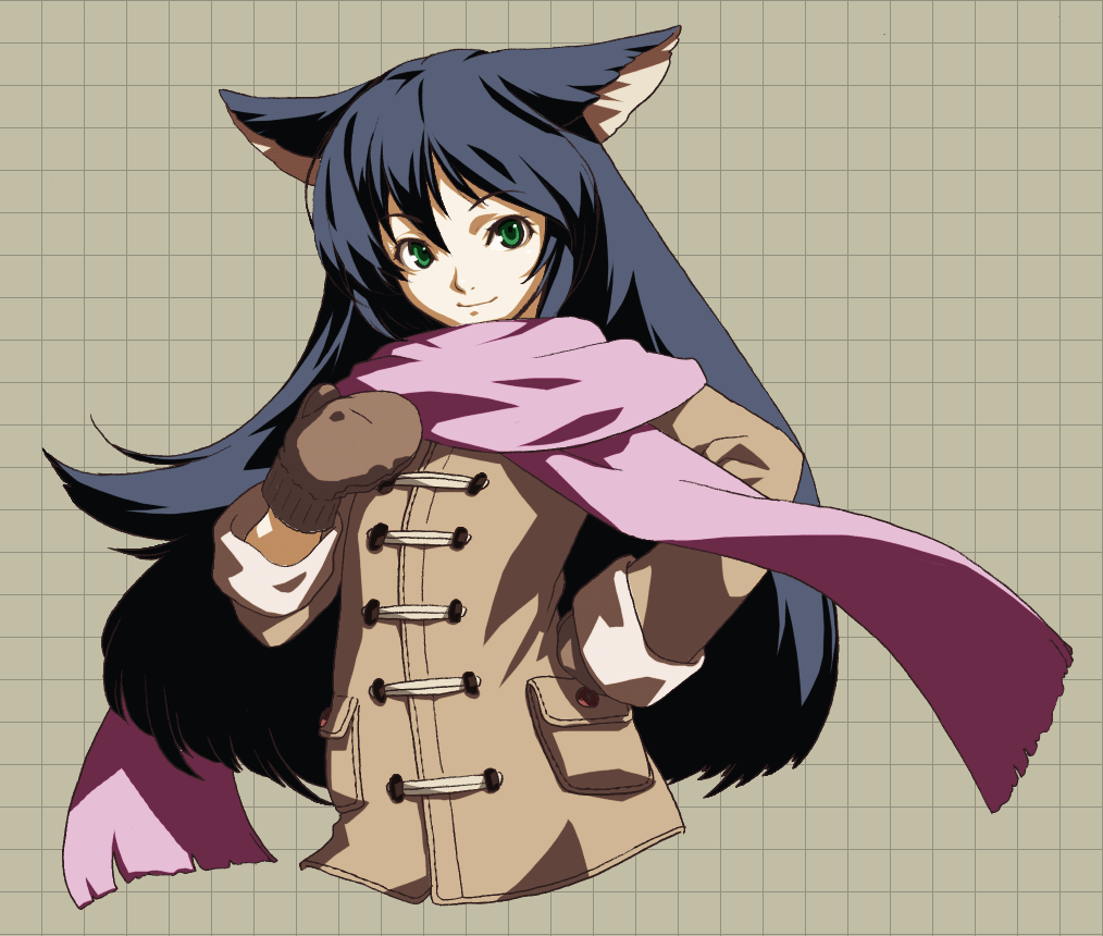 animal ears, blue hair, cat ears, gloves, green eyes, long hair, scarf
