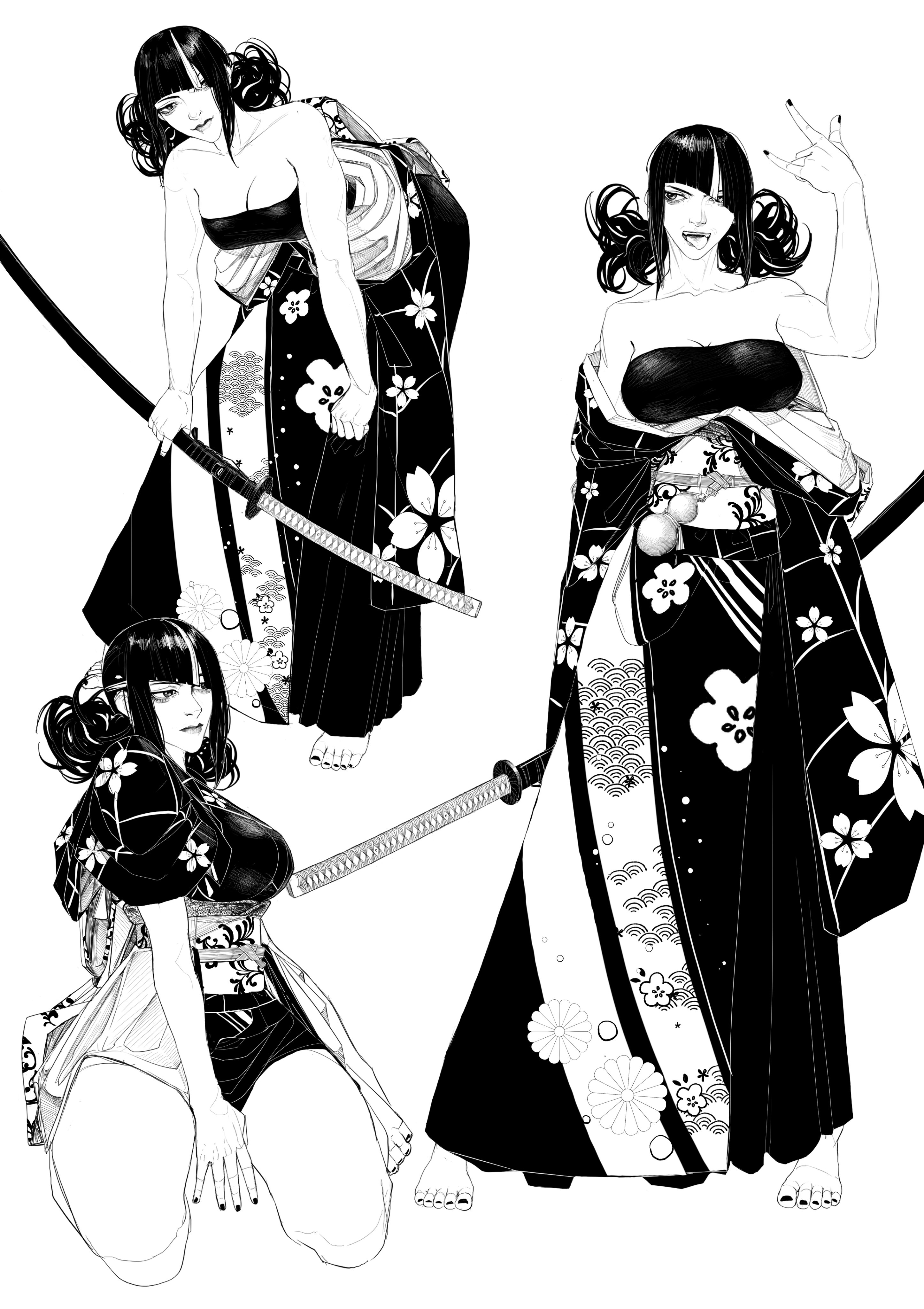 emo (anemounicorn), han juri, street fighter, absurdres, highres, 1girl, m/, black hair, breasts, cleavage, full body, greyscale, holding, holding sword, holding weapon, katana, kneeling, monochrome, multiple views, standing, sword, tongue, tongue out, weapon, white background