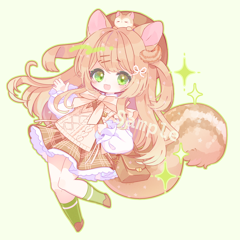 zippo (3756c), indie virtual youtuber, 1girl, animal ears, bag, bow, bowtie, brown bag, chibi, full body, green background, green eyes, green socks, hair ornament, hairclip, long hair, long sleeves, shoulder bag, skirt, smile, socks, solo, sparkle, squirrel ears, squirrel girl, squirrel tail, tail, watermark