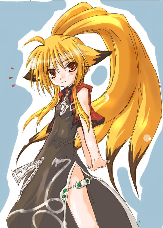 kazami karasu, xiaomu, banpresto, capcom, namco, namco x capcom, super robot wars, super robot wars og saga mugen no frontier, 1girl, ahoge, animal ears, blonde hair, blush, dress, female focus, flat chest, fox ears, fox tail, long hair, multiple tails, ponytail, red eyes, simple background, solo, tail, very long hair, vest, zipper