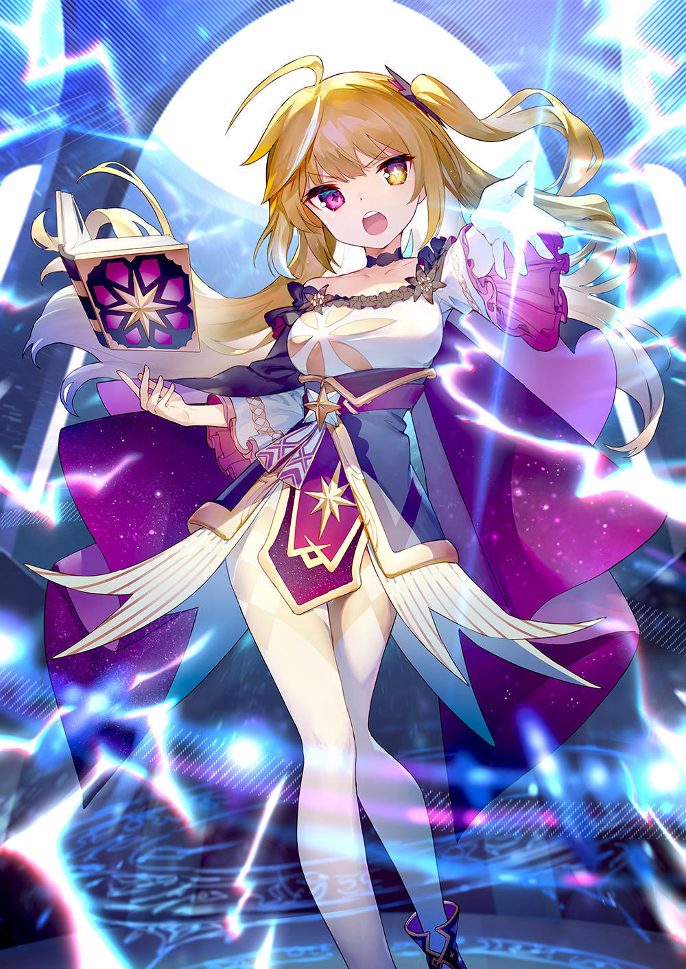 ainy, commentary request, highres, 1girl, ahoge, baibato, blonde hair, blue boots, book, boots, breasts, cape, collarbone, cross-shaped pupils, dress, feet out of frame, floating, floating object, heterochromia, kanzashi iori, large breasts, long hair, looking at viewer, one side up, open mouth, outstretched arm, pantyhose, purple cape, purple eyes, solo, sparkle, standing, symbol-shaped pupils, virtual youtuber, white dress, white pantyhose, yellow eyes