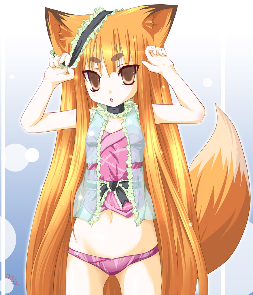 animal ears, bow, brown eyes, flat chest, fox ears, long hair, panties, red hair, underwear