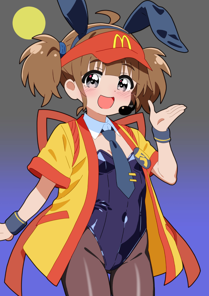 mizusaki johnko, mcdonald's, 1girl, ahoge, animal costume, animal ear hairband, animal ears, back ribbon, black leotard, black pantyhose, blue necktie, breasts, brown eyes, brown hair, covered navel, detached collar, fake animal ears, full moon, gradient sky, hairband, hat, headset, imadake tsukimi tabemi, leotard, long hair, microphone, moon, necktie, pantyhose, playboy bunny, rabbit costume, rabbit ears, red hat, sky, small breasts, smile, solo, strapless, strapless leotard, visor cap, wrist cuffs, yellow happi