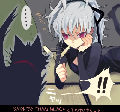 yin (darker than black), darker than black, lowres, 00s, 1girl, bow, cat, cat tail, cat toy, cleavage cutout, clothing cutout, dress, english text, female focus, grey hair, long hair, pink eyes, ponytail, solo, tail, typha, white hair