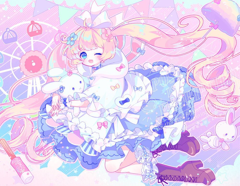 zippo (3756c), indie virtual youtuber, original, 1girl, blonde hair, blue bow, blue eyes, boots, bow, choker, flower, frills, hair bow, hair flower, hair ornament, heart, high heel boots, high heels, hood, long hair, looking at viewer, one eye closed, open mouth, pastel colors, smile, solo, string of flags, stuffed animal, stuffed rabbit, stuffed toy, twintails, very long hair