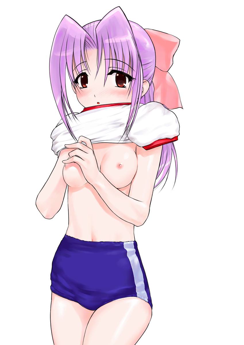 hechi, koigakubo momoko, gakkou no kaidan (anime), highres, 1girl, blue buruma, blush, bow, breasts, buruma, clothes lift, female focus, hair bow, long hair, looking at viewer, medium breasts, navel, nipples, open mouth, ponytail, purple hair, shirt, shirt lift, short sleeves, solo, undressing, white background, white shirt