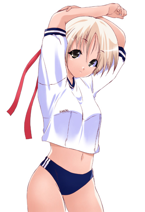artist request, character request, copyright request, 1girl, arms up, blonde hair, blue buruma, breasts, brown eyes, buruma, cowboy shot, double vertical stripe, female focus, gym shirt, gym uniform, looking at viewer, medium breasts, midriff, navel, shirt, short hair, short sleeves, solo, stretching, white background, white shirt