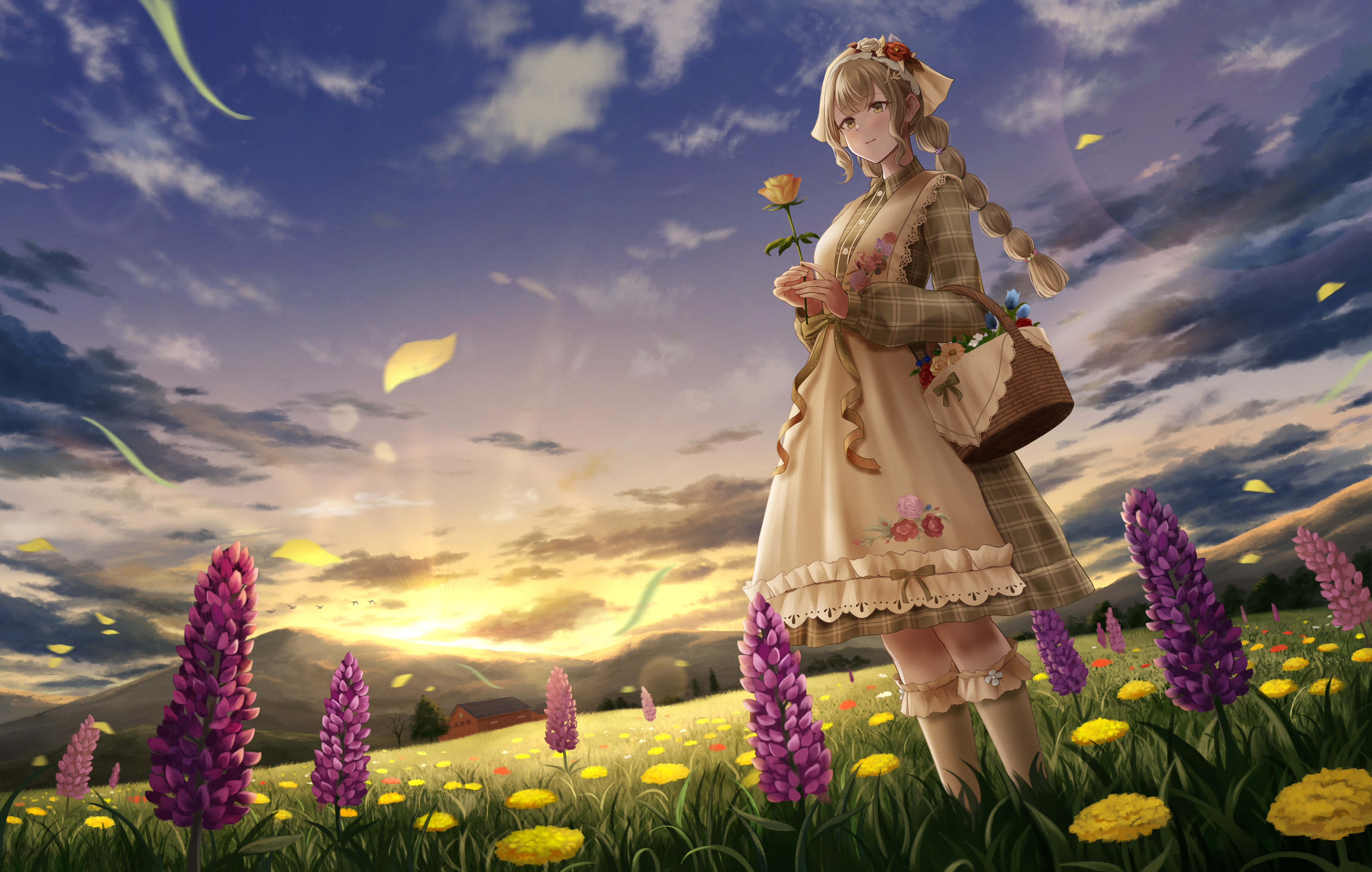 numaguro (tomokun0808), nikki (series), shining nikki, absurdres, highres, 1girl, apron, basket, beads, blue sky, braid, brown hair, closed mouth, country lolita, dress, field, floral print, flower, flower field, full body, green dress, green eyes, green pastoral (shining nikki), hair beads, hair ornament, happy, headscarf, holding, holding flower, lace, lace-trimmed dress, lace trim, lavender (flower), lolita fashion, long hair, long sleeves, looking at viewer, low twin braids, medium dress, mountainous horizon, outdoors, plaid clothes, plaid dress, puffy long sleeves, puffy sleeves, purple flower, rose, sky, smile, solo, standing, sun, sunrise, twin braids, white apron, white headscarf, yellow flower, yellow rose