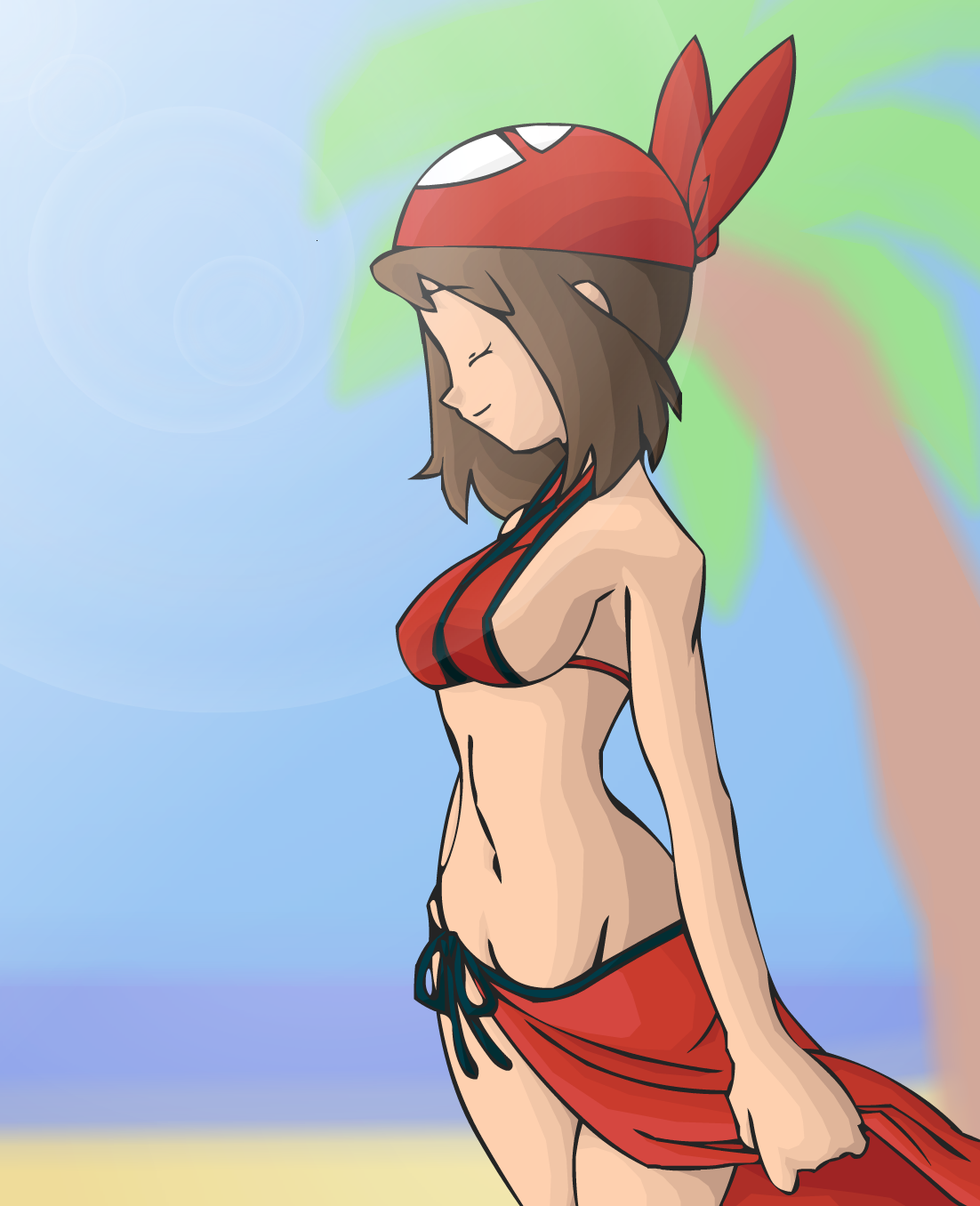 kageta, lake art, haruka (pokemon), pokemon, highres, bandana, bikini, short hair, swimsuit