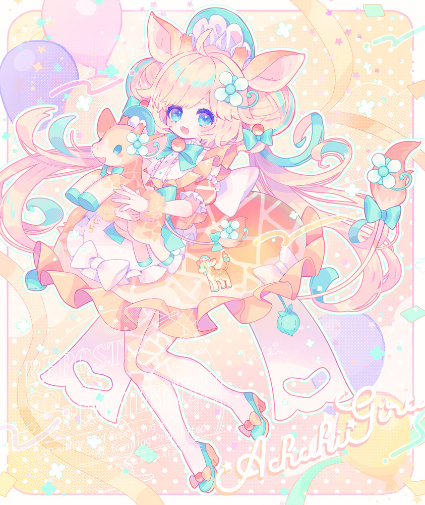 zippo (3756c), indie virtual youtuber, character request, 1girl, ahoge, animal ears, aqua bow, asymmetrical legwear, blonde hair, blue eyes, bow, double bun, dress, flower, frills, full body, hair bun, hair flower, hair ornament, high heels, long hair, looking at viewer, mismatched legwear, multicolored hair, open mouth, orange dress, pantyhose, pastel colors, smile, solo, tail, twintails, white bow