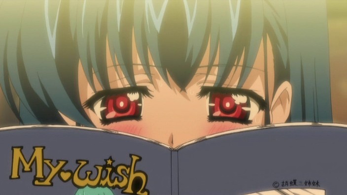 carnelian, 16:9, screencap, blue hair, blush, reading, red eyes