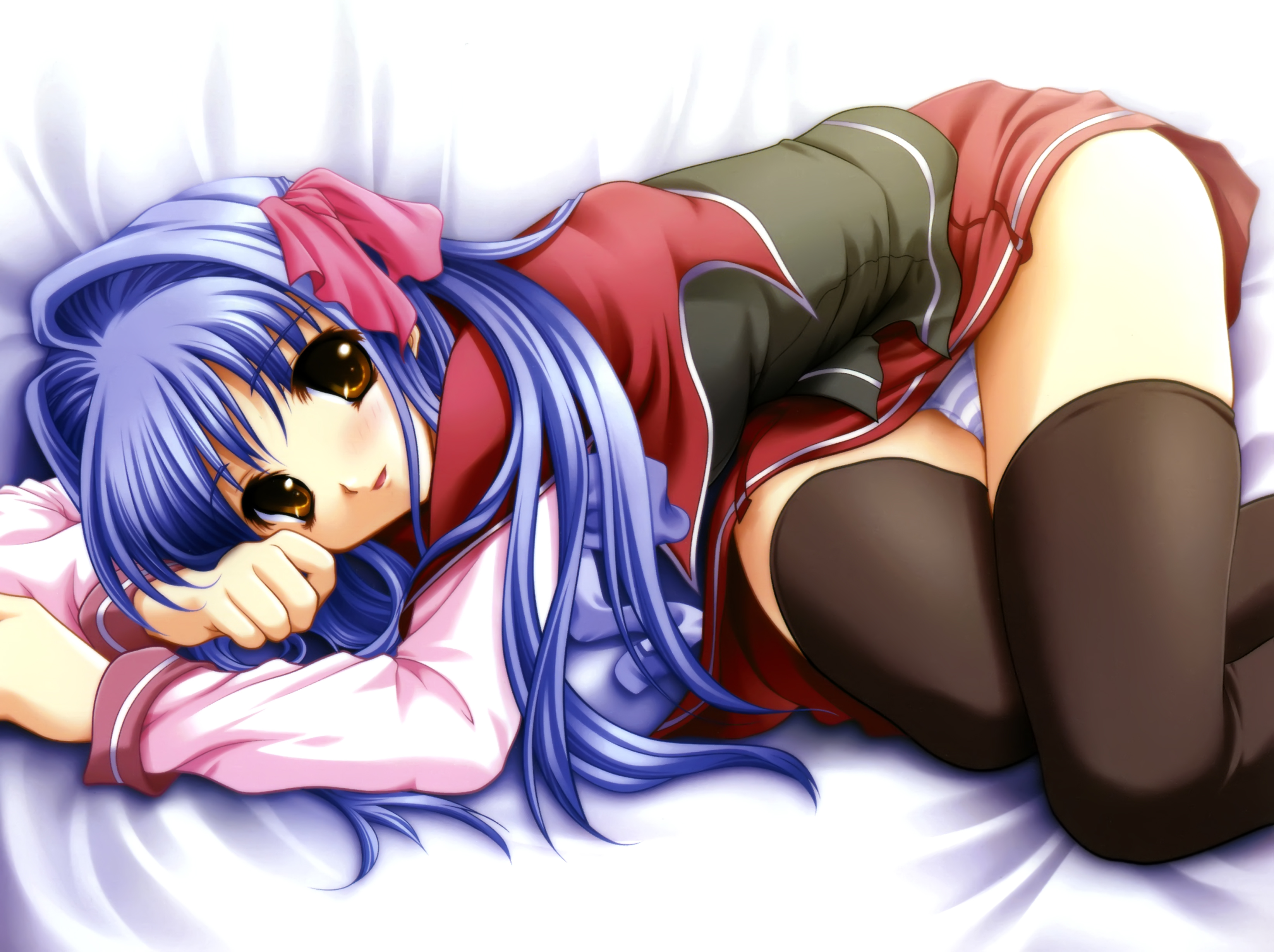 masaharu, shirase ui, floralia, girls museum, absurdres, highres, 1girl, black thighhighs, blue hair, blue panties, blush, bow, female focus, hair intakes, indoors, legs together, long hair, lying, panties, pantyshot, school uniform, serafuku, skirt, solo, striped clothes, striped panties, thighhighs, underwear, yellow eyes