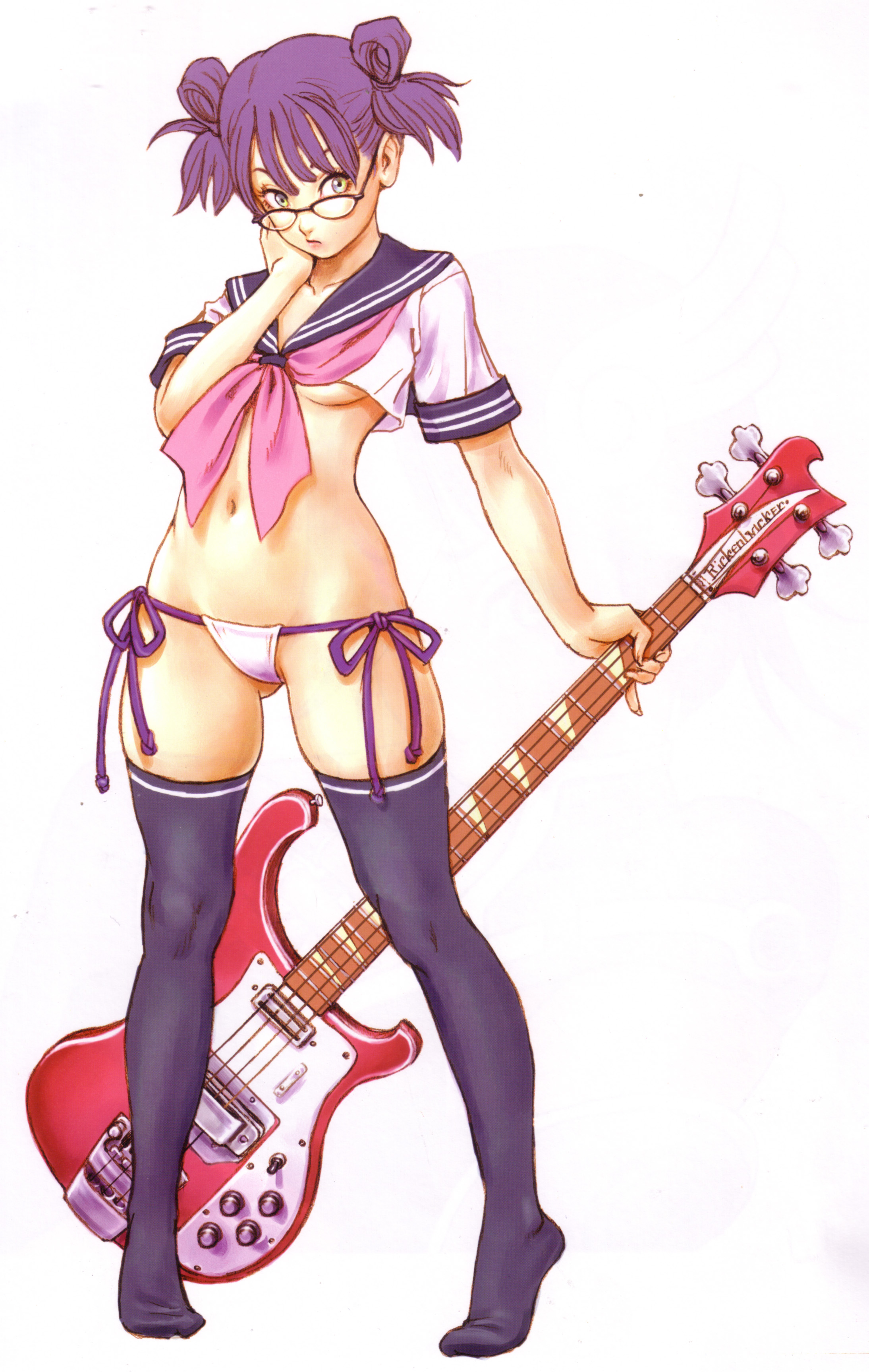 yamashita shun'ya, arisa, original, absurdres, highres, non-web source, scan, 1girl, bass guitar, black thighhighs, breasts, crop top, female focus, fingernails, flat chest, glasses, green eyes, guitar, instrument, lipstick, long fingernails, makeup, midriff, nail (hardware), navel, necktie, no bra, no pants, panties, pinky out, purple hair, purple panties, rickenbacker, rickenbacker 4001, school uniform, serafuku, short hair, short twintails, side-tie panties, small breasts, solo, standing, thighhighs, tiptoes, twintails, underboob, underwear, white panties, yellow eyes
