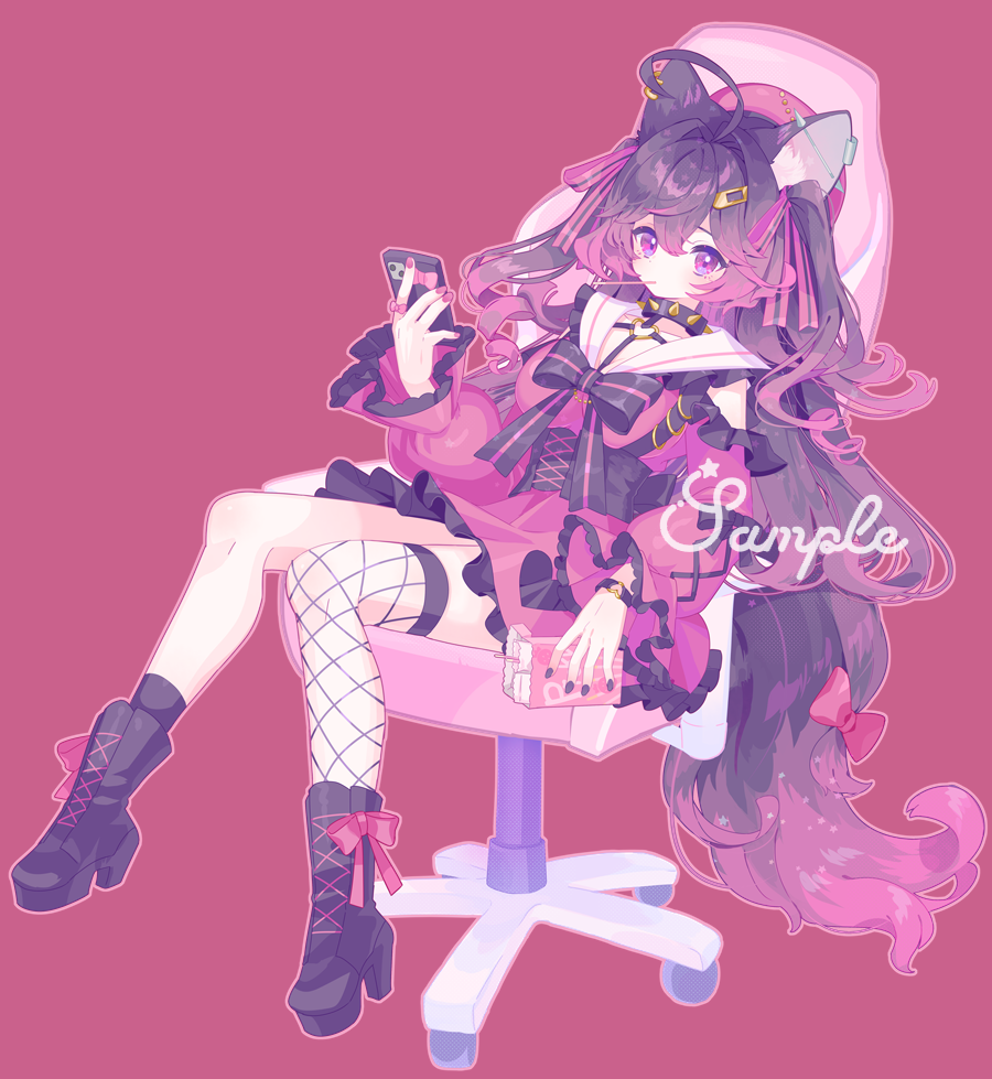 zippo (3756c), indie virtual youtuber, 1girl, ahoge, animal ear fluff, animal ears, beret, black bow, boots, bow, cellphone, chair, collar, dress, fishnet thighhighs, fishnets, food, frilled dress, frills, full body, gradient hair, hair bow, hair ornament, hat, high heel boots, high heels, holding, holding phone, inumiya sayuru, juice box, long hair, long sleeves, multicolored hair, on chair, phone, pink background, pink dress, pink eyes, pink hair, pink theme, pocky, purple eyes, ribbon, sailor collar, single thighhigh, sitting, smartphone, socks, solo, spikes, swivel chair, tail, thighhighs, virtual youtuber, watermark, wolf ears, wolf girl, wolf tail