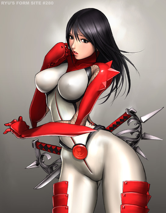 ryu (ryu's former site), hibana, kunoichi (game), sega, bad tag, armor, belt, black eyes, black hair, bodysuit, breasts, curvy, fishnets, groin, impossible clothes, large breasts, lipstick, long hair, makeup, ninja, open mouth, shiny clothes, skin tight, solo, spikes, standing, sword, weapon