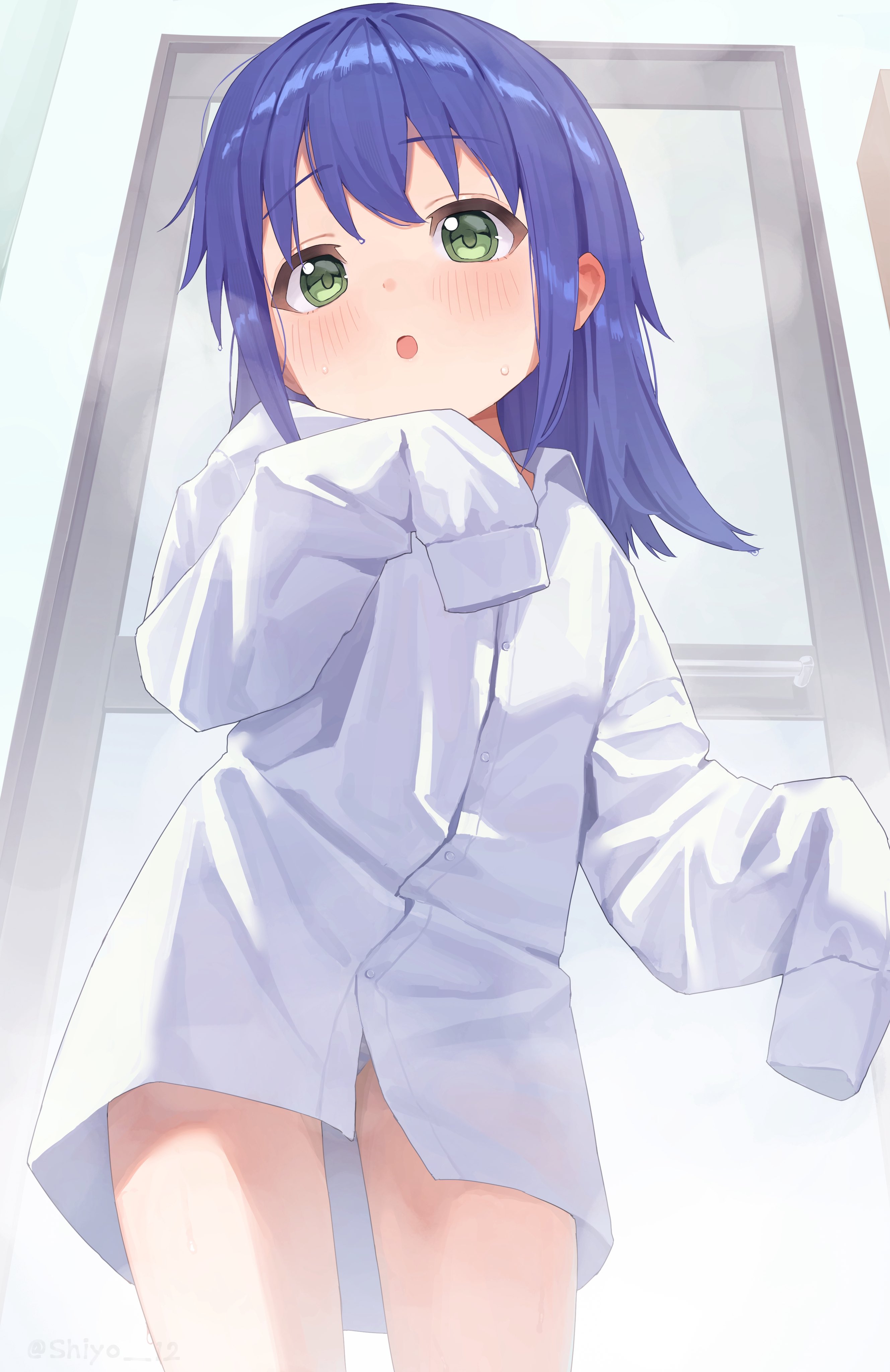 shosann1612, tenkawa nayuta, onii-chan wa oshimai!, absurdres, commentary, highres, 1girl, :o, after bathing, blue hair, blush, cowboy shot, door, dress shirt, ear blush, green eyes, indoors, looking at viewer, naked shirt, no pants, open mouth, oversized clothes, oversized shirt, panties, panty peek, shirt, sleeves past fingers, sleeves past wrists, solo, steam, striped clothes, striped panties, underwear, very long sleeves, water drop, wet, wet hair, white shirt