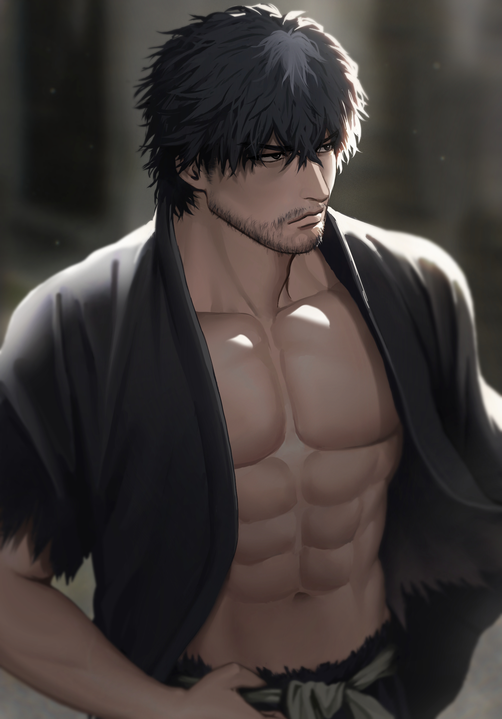 bitaro, yuki akira, virtua fighter, highres, 1boy, abs, bara, beard stubble, black dougi, black hair, blurry, blurry background, dougi, facial hair, hair between eyes, large pectorals, light particles, looking to the side, male focus, multicolored hair, muscular, muscular male, new virtua fighter, open clothes, open shirt, pectorals, short hair, short sleeves, stubble, torn clothes, torn sleeves, two-tone hair, white hair