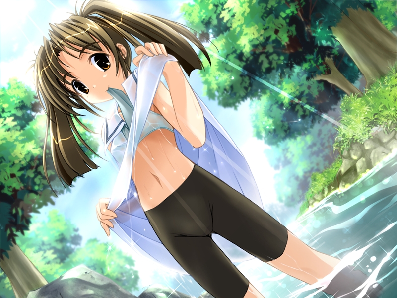 1girl, bra, brown eyes, brown hair, clothes lift, dutch angle, female focus, flat chest, loli, long hair, midriff, mouth hold, navel, school uniform, see-through clothes, serafuku, shirt lift, solo, spandex, underwear, wet