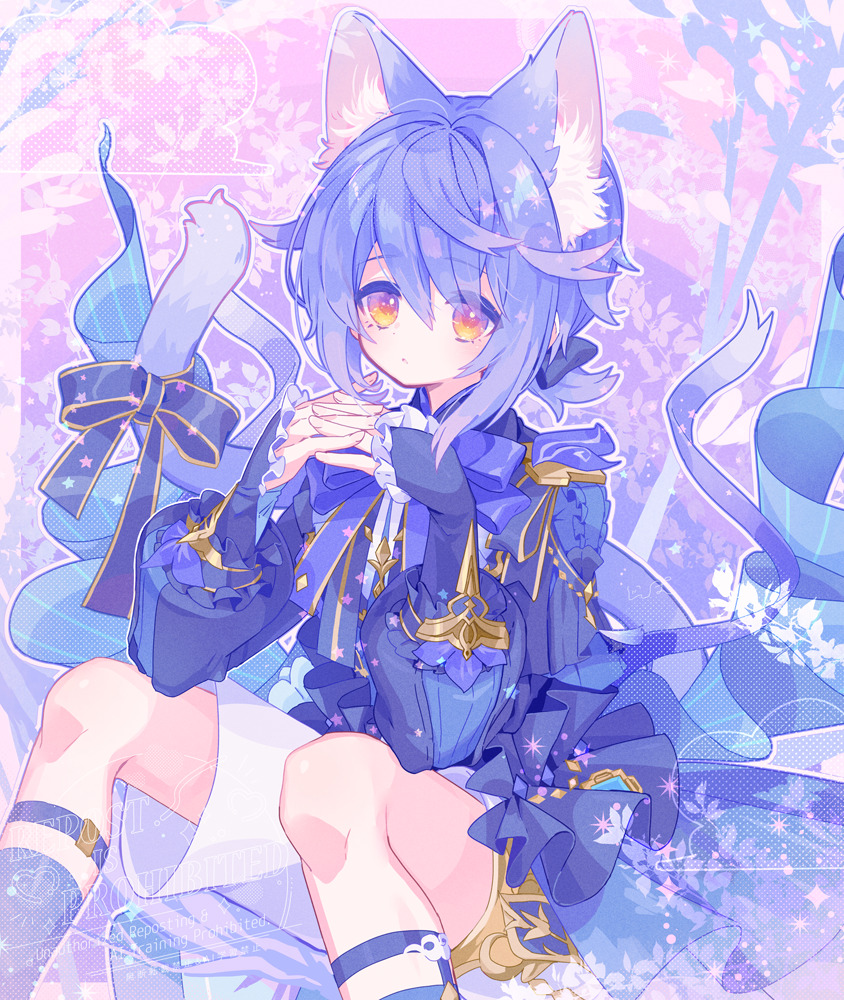 zippo (3756c), original, 1boy, androgynous, animal ears, blue hair, bow, cat boy, cat ears, cat tail, long sleeves, looking at viewer, male focus, purple hair, short hair, shorts, solo, tail, white shorts, yellow eyes