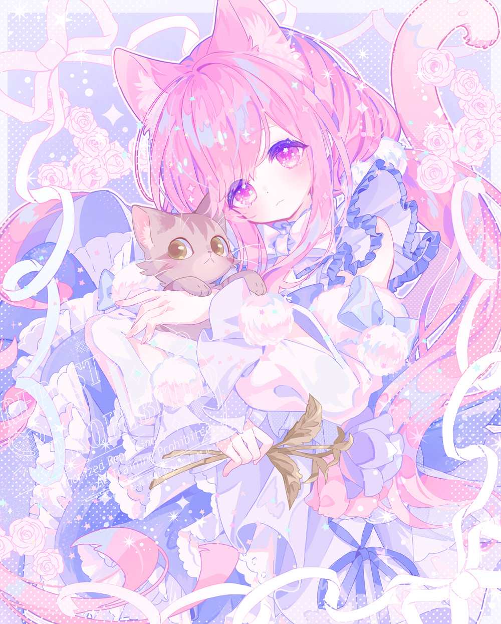 zippo (3756c), original, commission, highres, skeb commission, 1girl, animal, animal ear fluff, animal ears, border, cat, cat ears, cat tail, closed mouth, detached sleeves, dress, flower, frilled dress, frills, holding, holding animal, holding flower, long hair, long sleeves, looking at viewer, pink eyes, pink hair, ribbon, rose, solo, tail, twintails, watermark, white ribbon, white sleeves