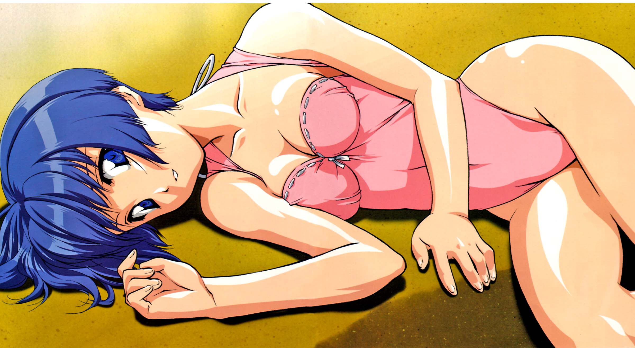 sakuraba aoi, ai yori aoshi, highres, bikini, blue eyes, blue hair, breasts, lying, short hair, solo, swimsuit, tan