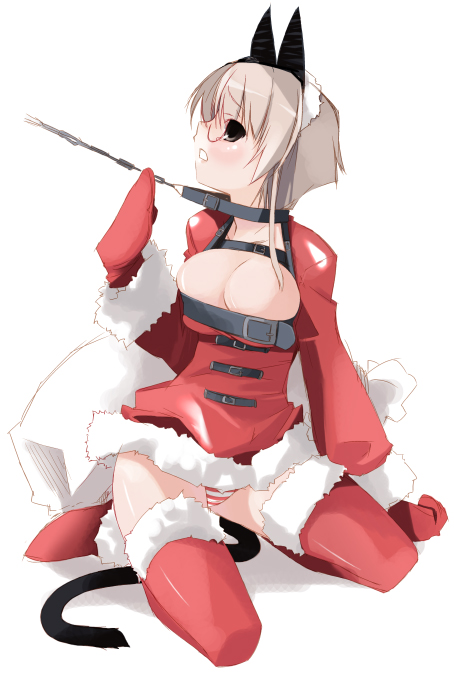 aka ume, 1girl, animal ears, bdsm, bondage, bound, breasts, brown hair, cat ears, cat tail, chain, chain leash, christmas, cleavage, collar, dress, female focus, glasses, gloves, grey eyes, kneeling, large breasts, leash, leash pull, mittens, panties, pantyshot, red mittens, red panties, red thighhighs, santa costume, solo, striped clothes, striped panties, tail, thighhighs, underwear