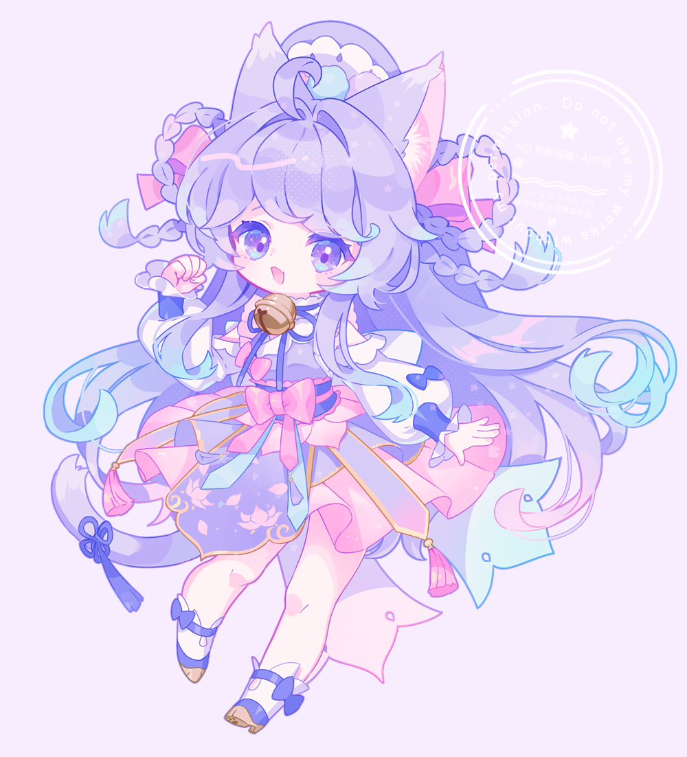 zippo (3756c), indie virtual youtuber, original, 1girl, ahoge, animal ears, bell, blue hair, bow, braid, braided hair rings, cat ears, cat girl, cat tail, chibi, dress, fang, full body, hair rings, long hair, long sleeves, multicolored hair, neck bell, open mouth, pink bow, purple background, purple eyes, purple hair, smile, solo, tail
