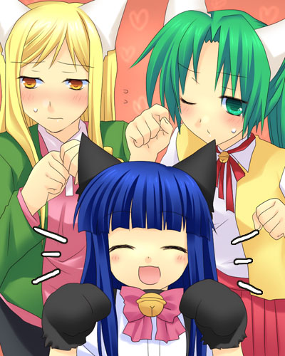 fuyuichi, furude rika, sonozaki mion, takano miyo, higurashi no naku koro ni, lowres, 00s, 3girls, animal ears, bell, blonde hair, blue hair, blush, bow, cat ears, gloves, green eyes, green hair, hime cut, long hair, multiple girls, paw pose, ponytail, shirt, skirt, suspenders, white shirt, yellow eyes