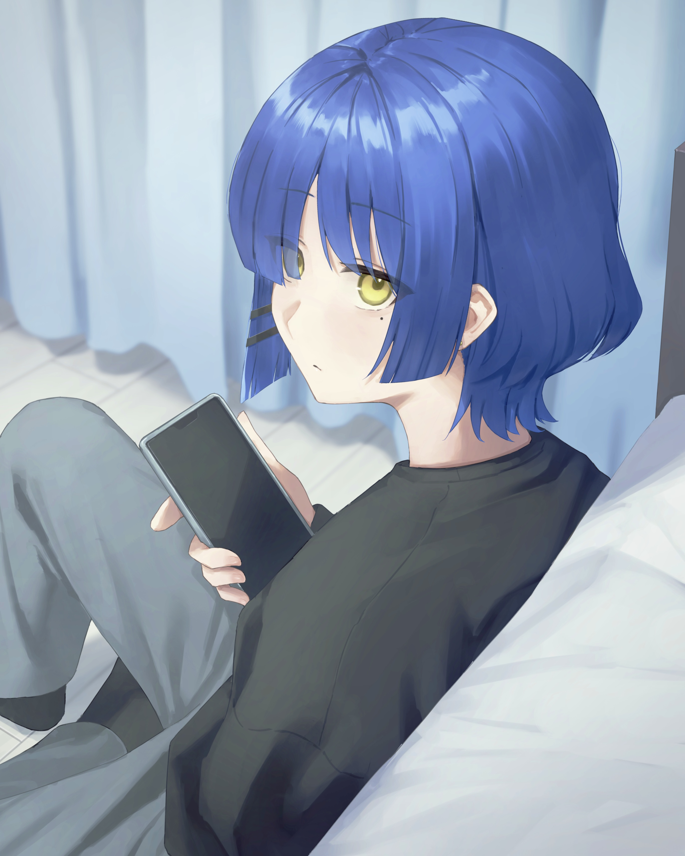 shosann1612, yamada ryo, bocchi the rock!, absurdres, commentary, highres, 1girl, bed, black shirt, black socks, blue hair, cellphone, curtains, expressionless, eyes visible through hair, grey pants, hair ornament, hairclip, holding, holding phone, indoors, long sleeves, looking at viewer, mole, mole under eye, no shoes, pants, phone, shirt, short hair, sitting, smartphone, socks, solo, yellow eyes