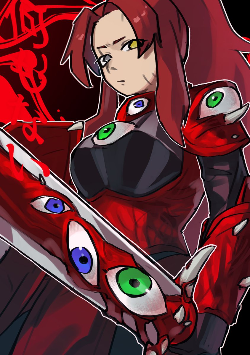 gebura (project moon), lobotomy corporation, project moon, highres, 1girl, armor, black gloves, blue eyes, closed mouth, e.g.o (project moon), gloves, green eyes, grey eyes, heterochromia, holding, holding sword, holding weapon, long hair, looking at viewer, mimicry (e.g.o), parted bangs, ponytail, red background, red hair, scar, scar across eye, scar on face, simple background, solo, standing, sutek1na game, sword, upper body, weapon, yellow eyes