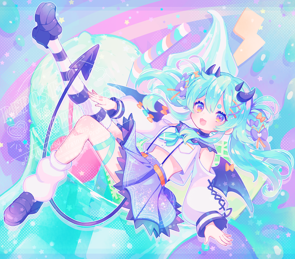zippo (3756c), necora nyaru, indie virtual youtuber, 1girl, bow, demon horns, demon tail, food, hair ornament, horns, ice cream, long hair, long sleeves, looking at viewer, loose socks, multicolored eyes, open mouth, purple skirt, single thighhigh, skirt, smile, socks, solo, striped clothes, striped thighhighs, tail, thighhighs, virtual youtuber, wings, x hair ornament