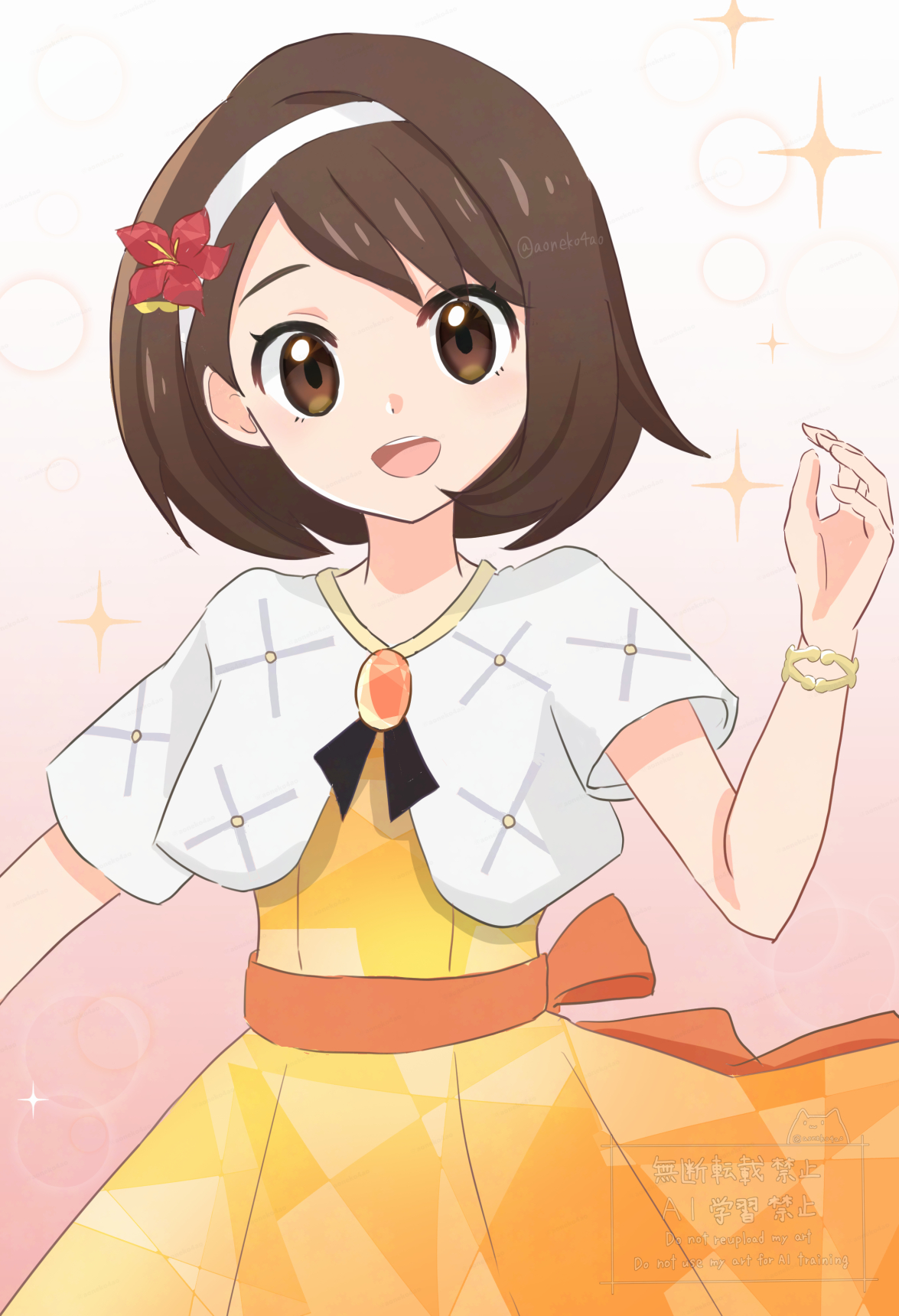 aoneko4ao (edwf7745), gloria (anniversary 2025) (pokemon), gloria (pokemon), nintendo, pokemon, pokemon masters ex, commentary request, highres, 1girl, :d, bracelet, brown eyes, brown hair, dress, flower, hairband, hand up, happy, jacket, jewelry, looking at viewer, official alternate costume, open mouth, red flower, short hair, short sleeves, smile, solo, sparkle, teeth, tongue, upper teeth only, white hairband, white jacket, yellow dress