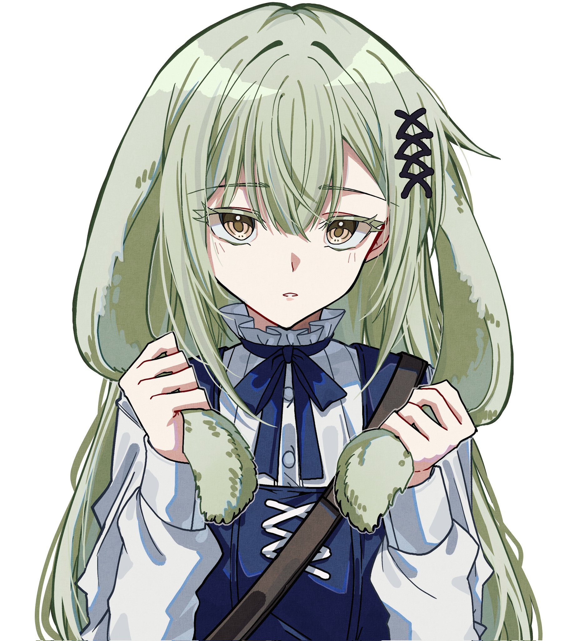 bucishiro, wakaba mutsumi, arknights, bang dream!, bang dream! it's mygo!!!!!, highres, 1girl, animal ears, blue ribbon, floppy ears, green hair, hair between eyes, hair ornament, hands up, holding own ears, long hair, long sleeves, looking at viewer, neck ribbon, parted lips, rabbit ears, rabbit girl, ribbon, shirt, sidelocks, simple background, solo, upper body, wakaba mutsumi (marionette's id), white background, white shirt, yellow eyes