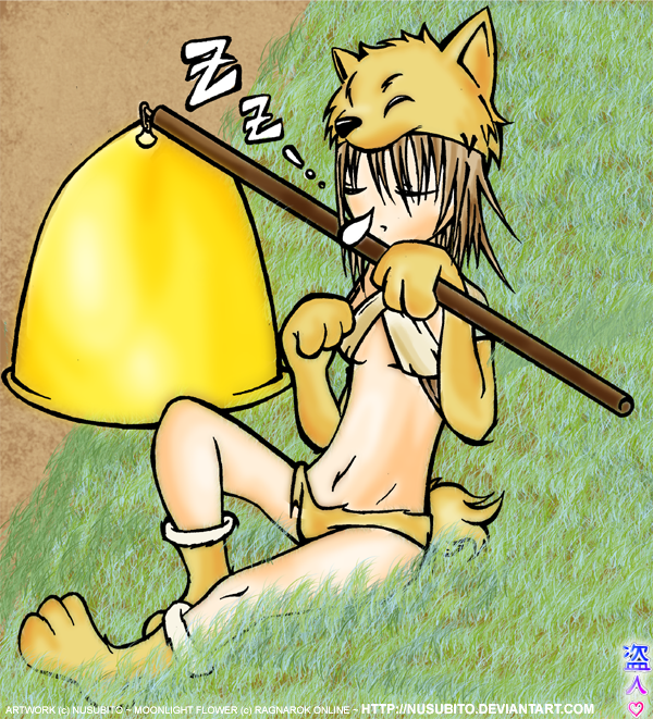 moonlight flower, ragnarok online, animal ears, brown hair, fox ears, game, gloves, hat, panties, short hair, sleeping, tail, underwear