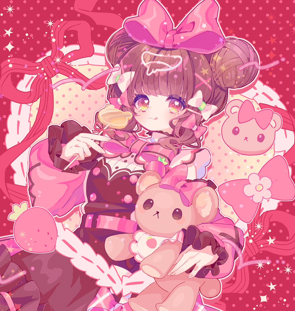 zippo (3756c), original, commission, skeb commission, 1girl, belt, bow, bowtie, brown hair, candy, double bun, dress, food, fruit, hair bow, hair bun, hair ornament, holding, holding candy, holding food, holding lollipop, holding stuffed toy, lollipop, long sleeves, looking at viewer, pink bow, pink ribbon, pink sleeves, polka dot, polka dot background, ribbon, solo, strawberry, stuffed animal, stuffed toy, teddy bear, tongue, tongue out, x hair ornament