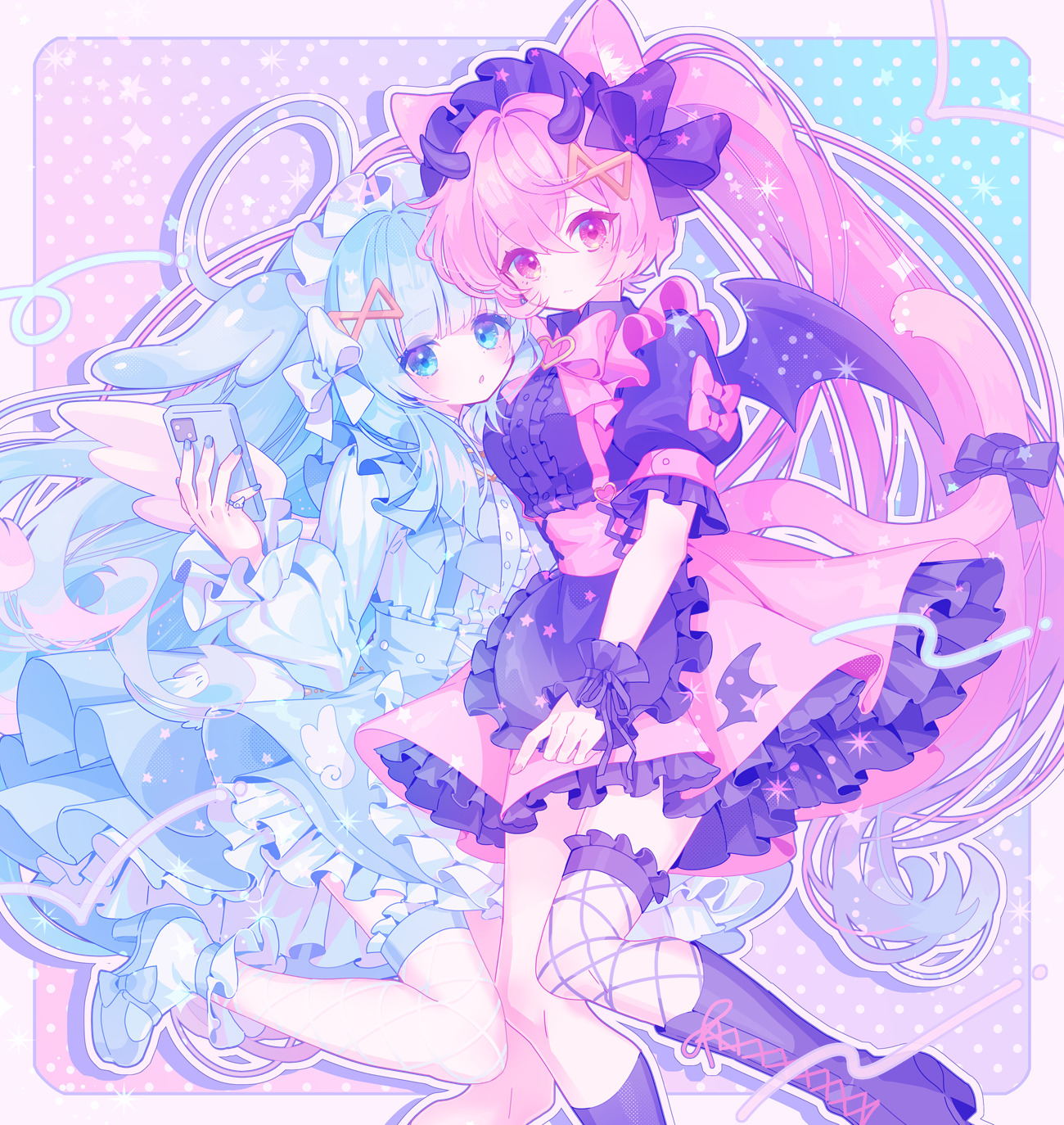 zippo (3756c), original, commission, highres, 2girls, angel and devil, angel wings, animal ears, apron, black apron, blue eyes, blue hair, bow, cat ears, demon wings, fishnet thighhighs, fishnets, frills, halo, holding, horns, long hair, maid headdress, multiple girls, phone, pink eyes, pink hair, pink skirt, short sleeves, skirt, tail, tail ornament, thighhighs, wings