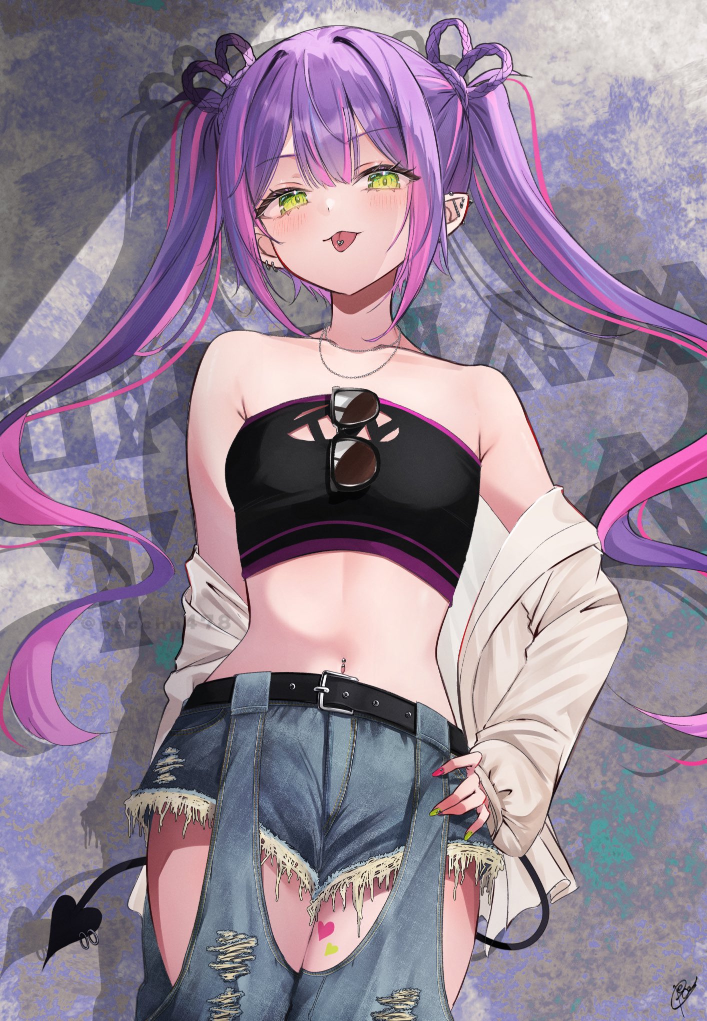 pecco (pecchn478), tokoyami towa, hololive, hashtag-only commentary, highres, 1girl, :p, alternate costume, barbell piercing, bare shoulders, belt, black belt, black tube top, blue shorts, blush, braid, braided hair rings, breasts, cowboy shot, cutoffs, demon tail, denim, denim shorts, ear piercing, eyewear hang, fingernails, green eyes, green nails, hair rings, hand on own hip, heart, heart tattoo, industrial piercing, jacket, leg tattoo, long fingernails, long sleeves, looking at viewer, multicolored hair, nail polish, navel, navel piercing, off shoulder, open clothes, open jacket, piercing, pink hair, pink nails, pointy ears, purple hair, short shorts, shorts, signature, sleeves past wrists, small breasts, solo, standing, strapless, streaked hair, sunglasses, tail, tail ornament, tail piercing, tattoo, tongue, tongue out, tongue piercing, tube top, twintails, twitter username, two-tone hair, unworn eyewear, virtual youtuber, white jacket