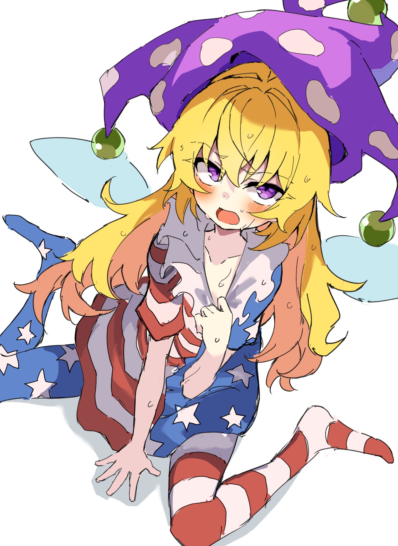 mifutatsu, clownpiece, touhou, highres, 1girl, american flag, american flag print, blush, collarbone, dress, fairy wings, flag print, from above, hair between eyes, hair intakes, hat, looking at viewer, looking up, open mouth, pantyhose, purple hat, simple background, sitting, solo, sweat, wariza, white background, wings