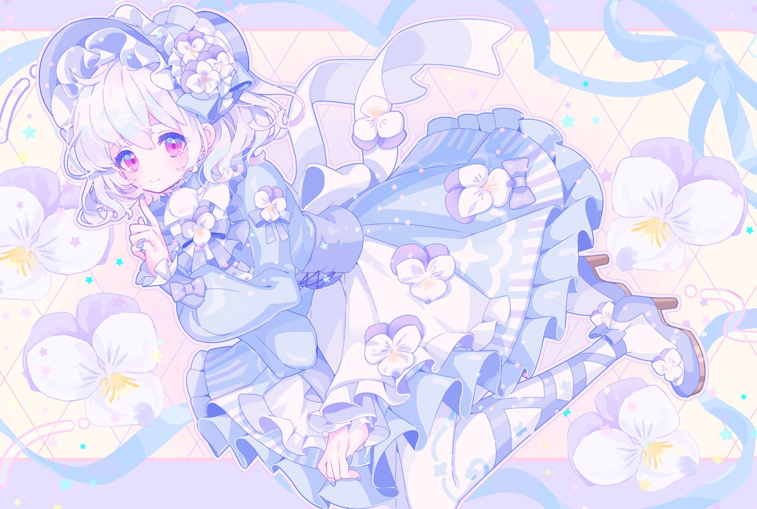 zippo (3756c), indie virtual youtuber, character request, 1girl, apron, blue dress, blue nails, bonnet, bow, dress, flower, frilled dress, frills, full body, hairband, high heels, index finger raised, jewelry, leg ribbon, lolita fashion, lolita hairband, long sleeves, looking at viewer, nail polish, outline, pantyhose, pastel colors, pink eyes, ribbon, short hair, smile, solo, white flower, white hair, white outline, white pantyhose