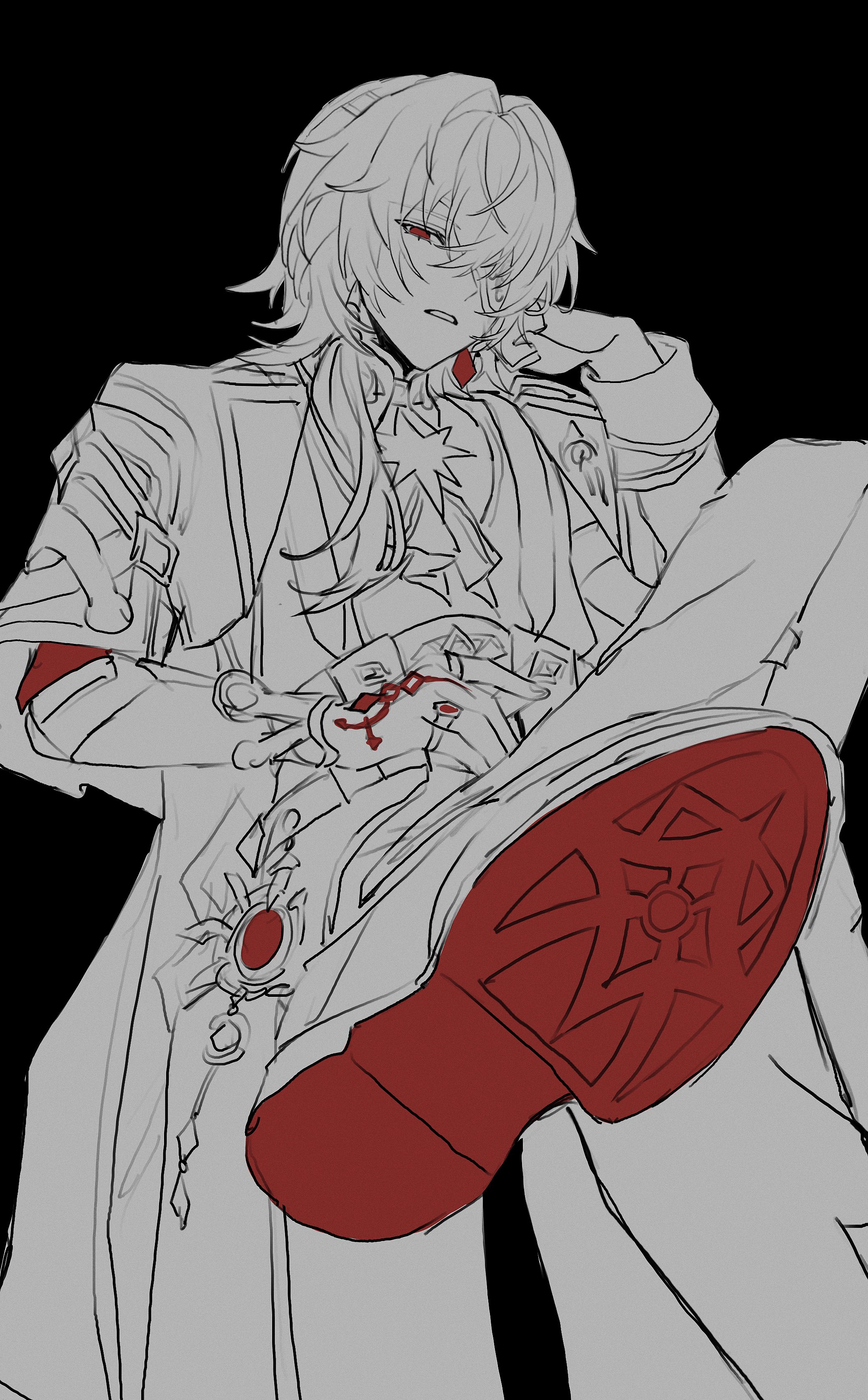 anaxa (honkai: star rail), honkai: star rail, honkai (series), absurdres, highres, 1boy, ascot, black background, crossed legs, earrings, eyepatch, fz7047, gem, hair between eyes, hair intakes, half-closed eyes, hand tattoo, head down, jacket, jewelry, lapels, looking at viewer, male focus, mandarin collar, notched lapels, one eye covered, parted lips, partially colored, red eyes, red gemstone, red tattoo, shoes, simple background, single earring, sitting, solo, tattoo, teeth