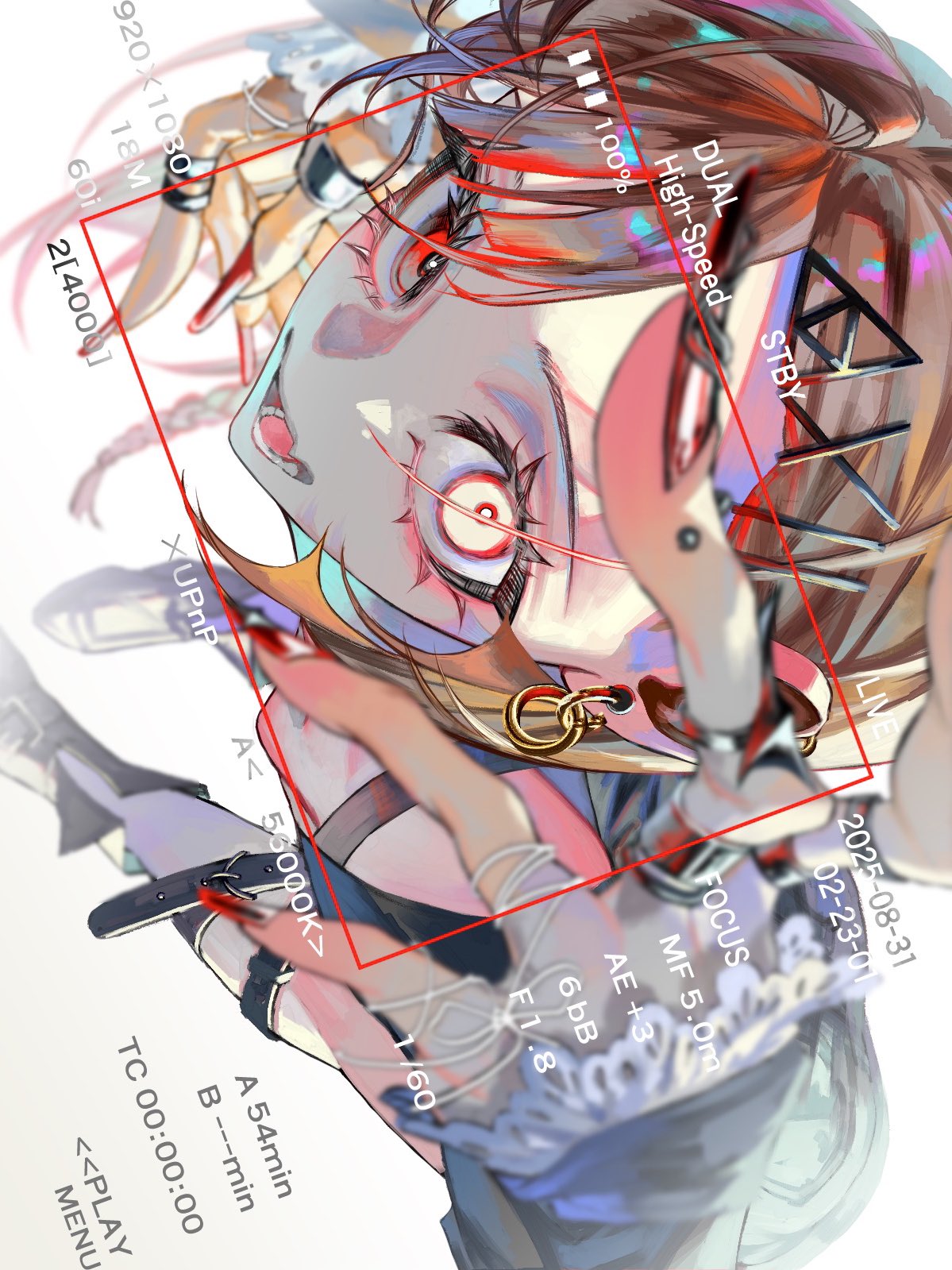 kae de (k momiji1537), huion, highres, 1girl, blurry, braid, brown hair, earrings, fingernails, foreshortening, from above, hair ornament, jewelry, long fingernails, looking at viewer, multiple rings, open mouth, red eyes, red nails, ring, solo, white background