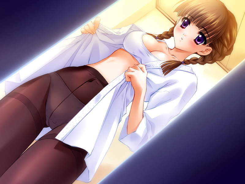 game cg, 1girl, blush, bra, braid, breasts, brown hair, cleavage, female focus, lingerie, open clothes, open shirt, panties, pantyhose, purple eyes, shirt, solo, twin braids, underwear, undressing, white bra, white panties
