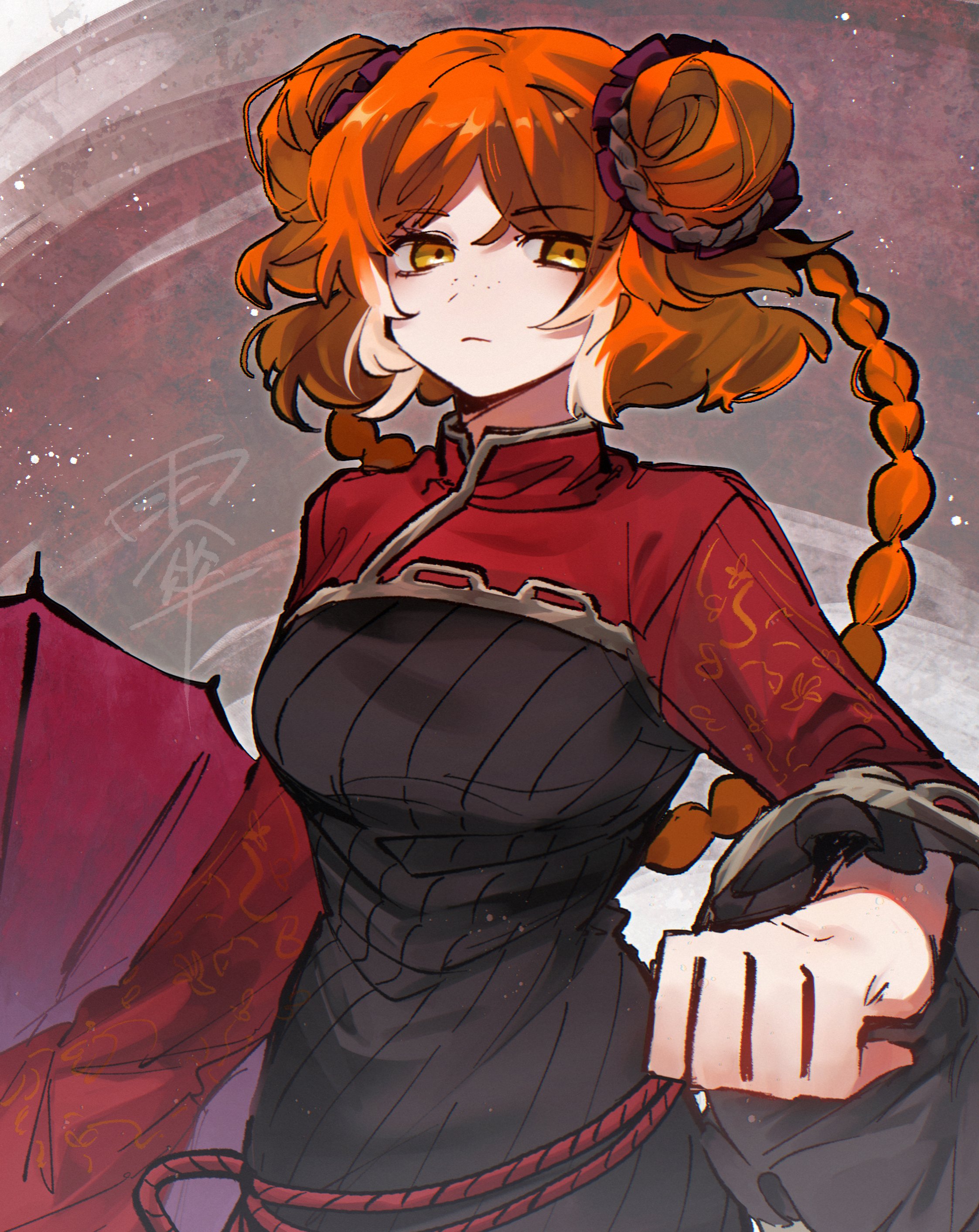 shima00401, ishmael (project moon), limbus company, project moon, absurdres, highres, 1girl, black dress, black hair, braid, breasts, chinese clothes, double bun, dress, family hierarch candidate (identity) (project moon), freckles, hair bun, long hair, looking at viewer, orange hair, red background, red shrug, rope belt, simple background, solo, standing, twin braids, upper body, yellow eyes