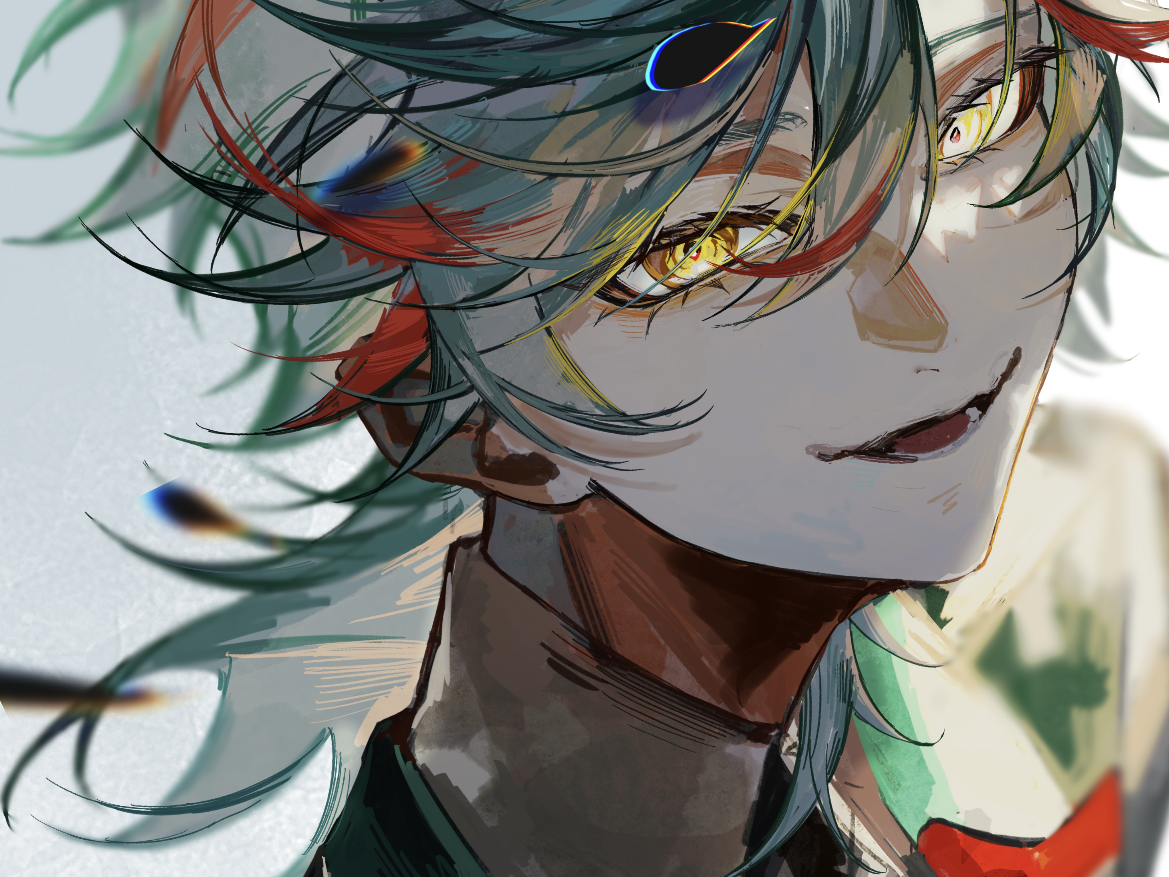 kae de (k momiji1537), original, absurdres, commission, highres, skeb commission, 1boy, looking at viewer, male focus, multicolored hair, open mouth, portrait, red hair, smile, solo, streaked hair, yellow eyes