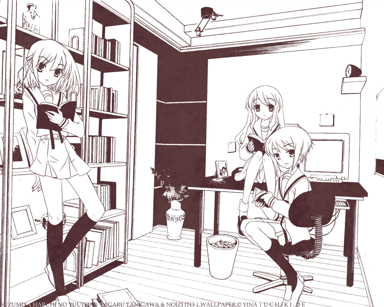 ito noizi, asahina mikuru, nagato yuki, suzumiya haruhi, suzumiya haruhi no yuuutsu, 00s, bow, computer, computer keyboard, hair ribbon, kneehighs, long hair, ribbon, short hair, skirt, socks
