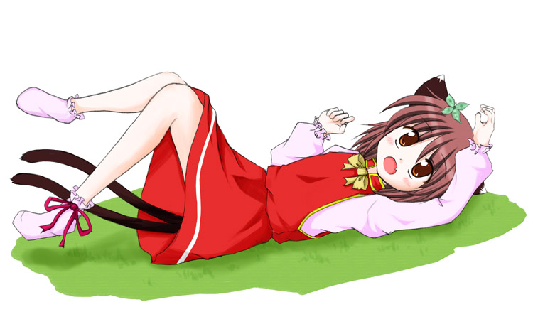 chen, touhou, 1girl, animal ears, bow, brown eyes, brown hair, bug, butterfly, cat ears, cat girl, dress, female focus, full body, game, nekomata, short hair, solo, white background