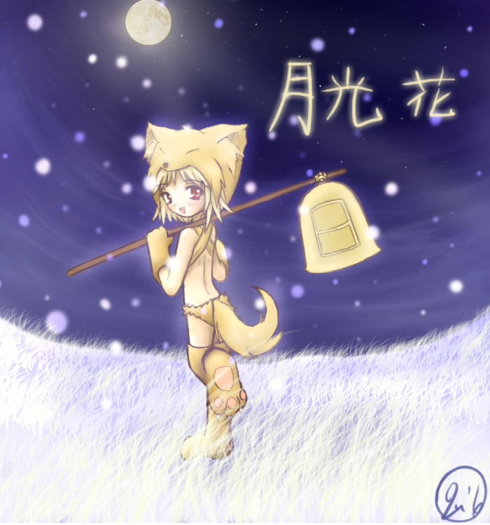 moonlight flower, ragnarok online, animal ears, blonde hair, fox, fox ears, game, gloves, hat, panties, red eyes, short hair, tail, thighhighs, underwear